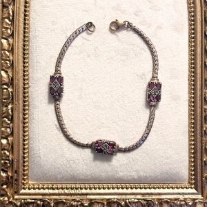 Estate Antique Art Deco Signed Sterling Silver Marcasite & Garnet Bracelet